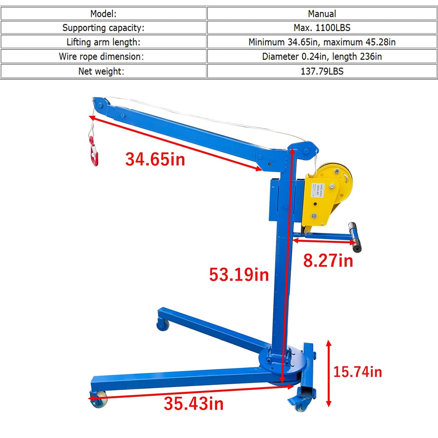 JARYANNIX Portable Folding Mini Crane Small Hoist Heavy-Duty Manganese Steel Lift with Rolling Casters for Construction, Warehousing Truck Loading 1100LBS Capacity