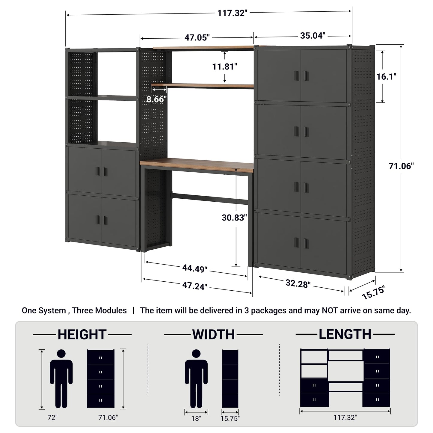 FLEXIMOUNTS Garage Storage Cabinet System, 3-in-1 Modular System with Integrated Workbench, Cabinets & Pegboard, 24-Gauge Steel, 117" L, 6-Door Cabinet for Garage Workshop, Black, FLEXIMOD Series