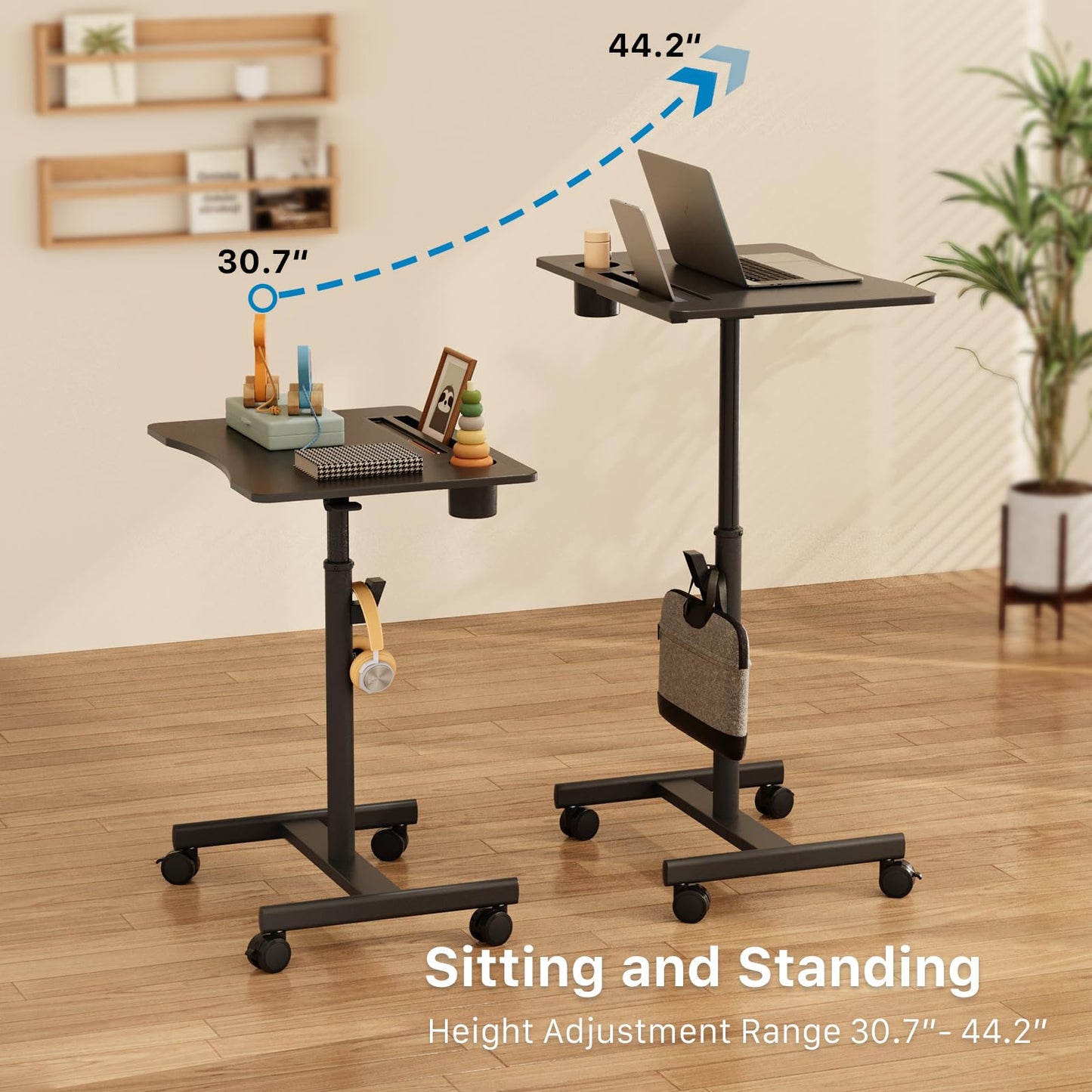 JYLH JOYSEEKER Mobile Standing Desk, 28 inch Rolling Standing Laptop Desk with Cup Holder, Mobile Desk Workstation with Wheels, Portable Computer Desk Cart with Hook for Home Office, Black