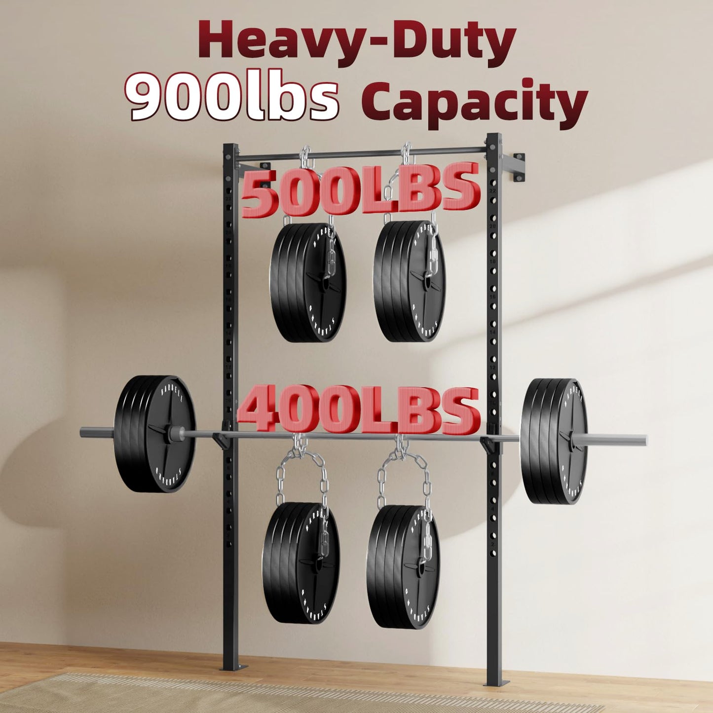 SPORTSOUL Wall Mounted Half Rack, 900lbs Squat Rack with Pull Up Bar for Home Gym, Space-Saving 2"x2" Pull-Up Station with Adjustable J-Hooks for Garage & Apartment (Black)