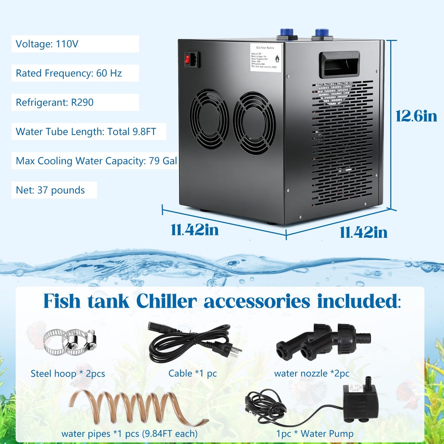 Togsher 1/3 HP Aquarium Chiller for 79 Gallon Tank, Ultra-Quiet Water Cooling System with Energy-Saving Mode, Reliable Temperature Control for Saltwater Freshwater Fish Tank, Reef Coral Axolotl