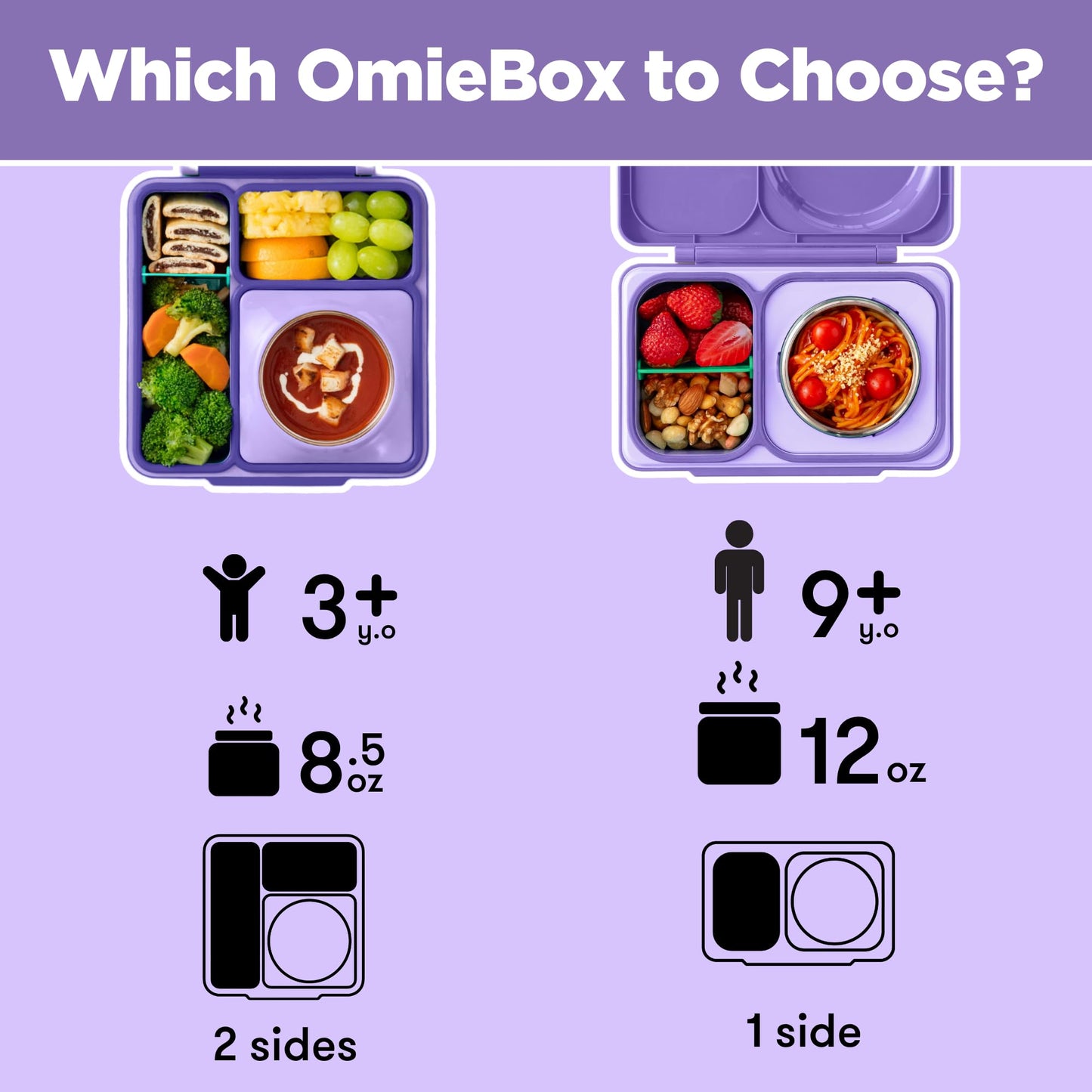 OmieBox Bento Box for Kids - Insulated Bento Lunch Box with Leak Proof Vacuum Insulated Food Jar - 3 Compartments, Two Temperature Zones (Purple Plum)