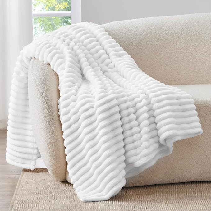 BEDELITE Twin Blanket for Couch & Bed, 300GSM Soft & Warm Fleece Blanket, Decorative and Giftable Striped White Blankets for Women, Men, 60"x80"