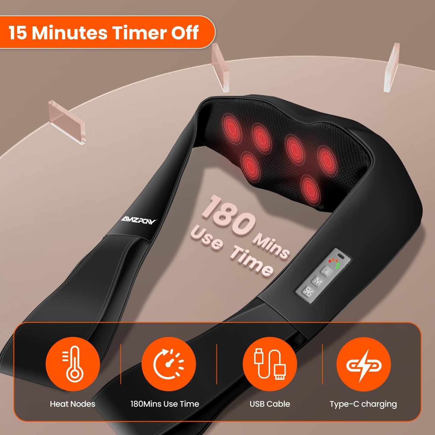 AMZPONY® Cordless Neck Massager for Pain Relief Deep Tissue, Rechargeable Shiatsu Neck and Back Massager with Heat Kneading Shoulder Massage for Body Muscle Pain Relief,Gifts for Mom Dad Friends