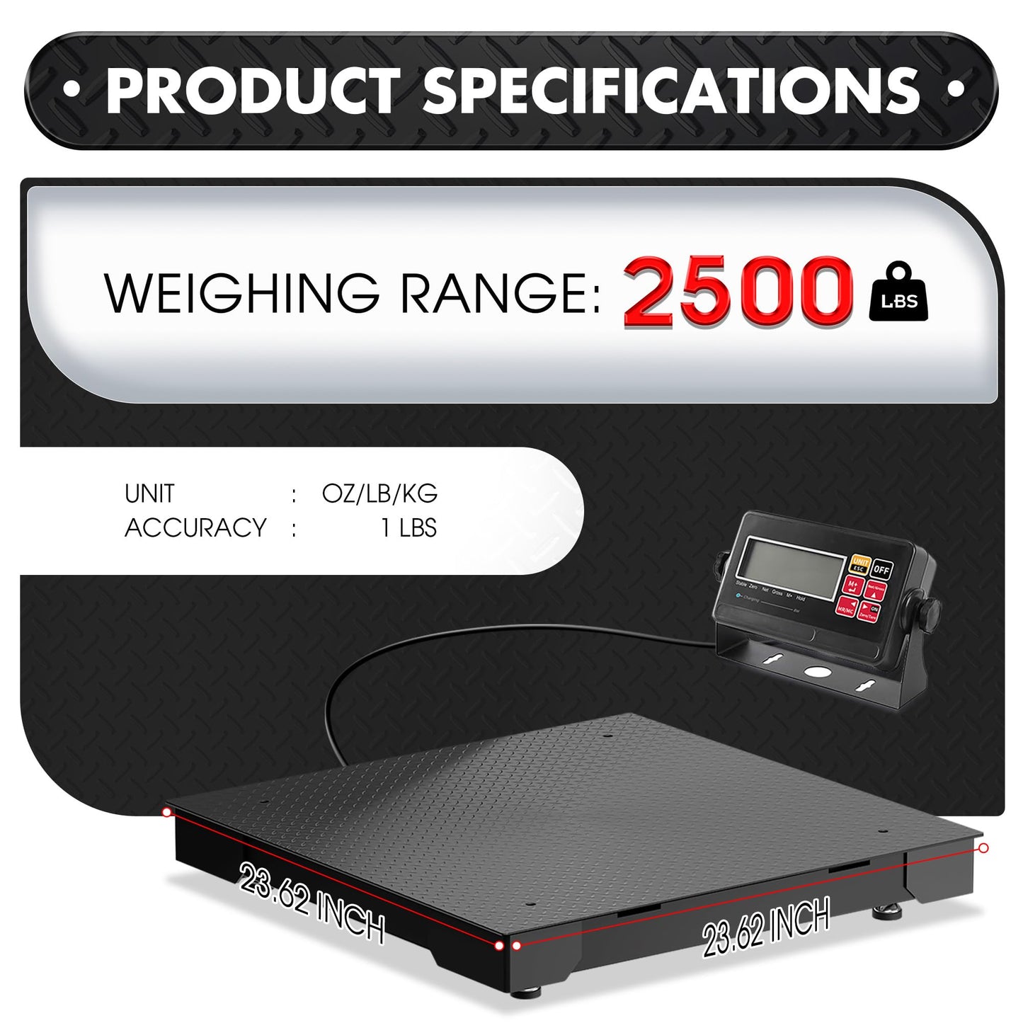 Industrial Floor Scale 24x24 Inch - 2200lb x 1lb, Heavy Duty Platform Weighing Scale with Digital Display