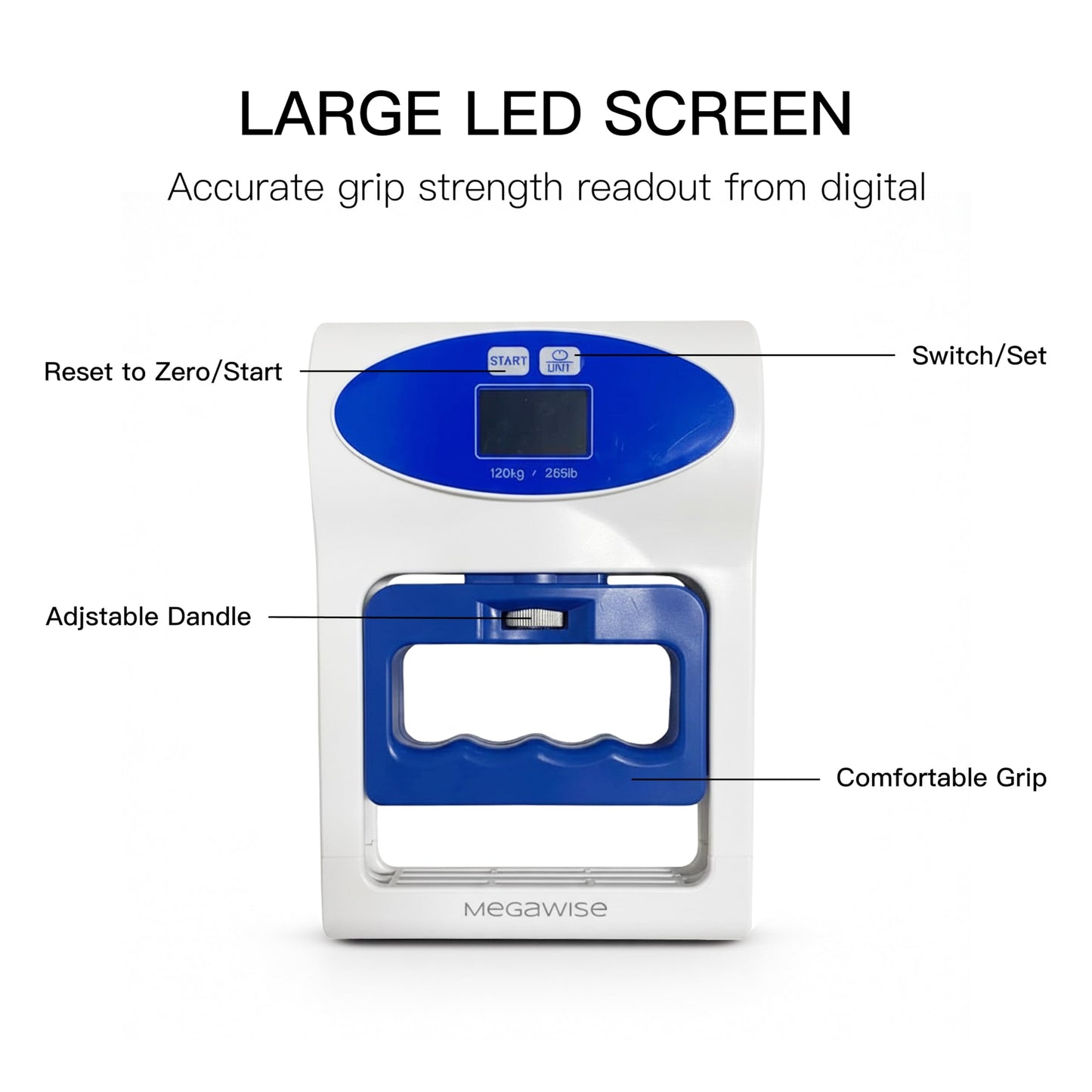 MEGAWISE Grip Strength Dynamometer Pro - Digital Hand Grip Tester & Trainer, 265lbs/120kg High Precision Sensor, Home Fitness, gym (White)