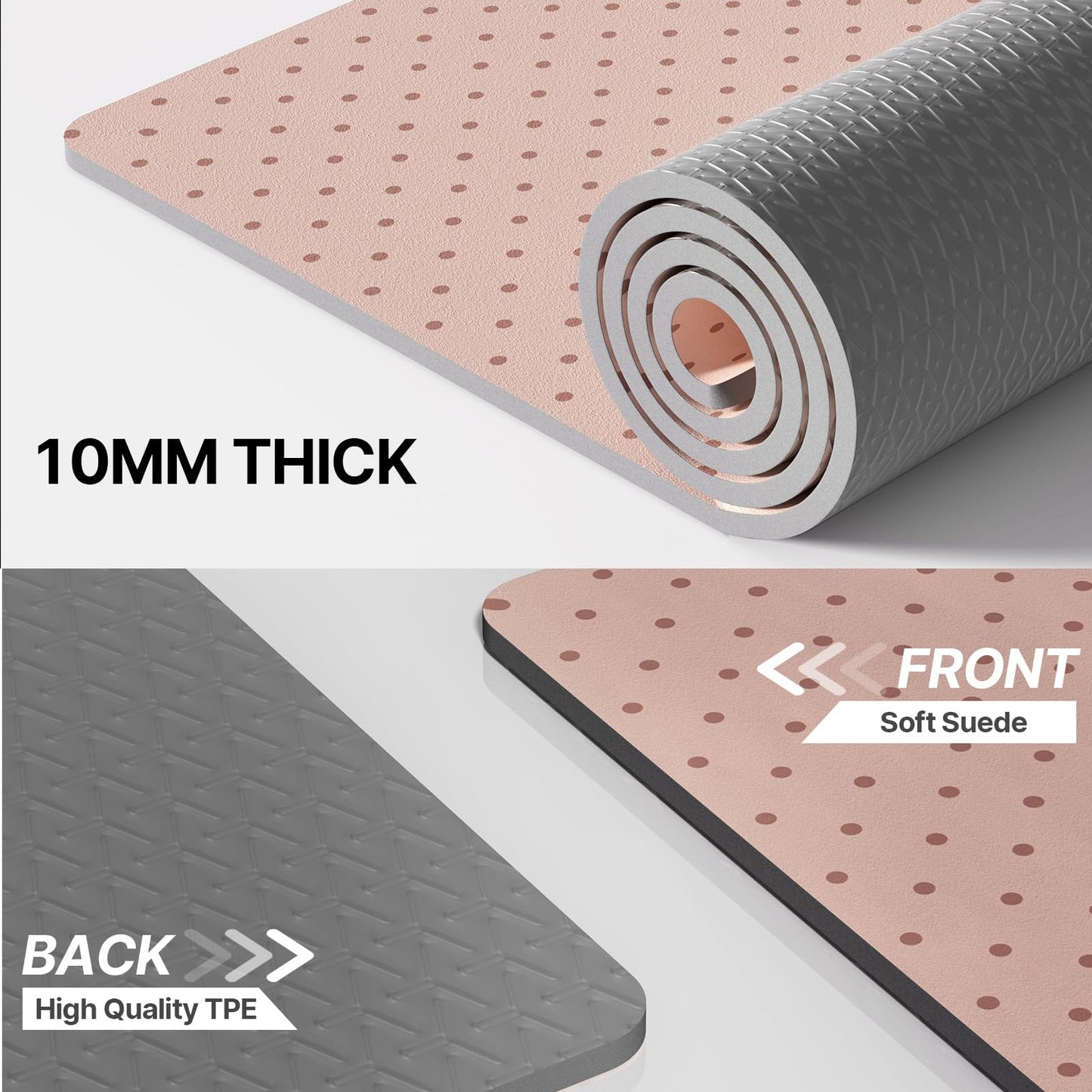ILILI Yoga Mat 10mm Thick, Suede&TPE Exercise Mat, 76"L*28"W Extra Long, 0.4 Inches Soft and Comfortable, 193*70cm Fitness Mat with Strap, Portable for Yoga, Pilates, Floor Exercise, Home and Outdoor Use, Eco Friendly (Pinky Beige)