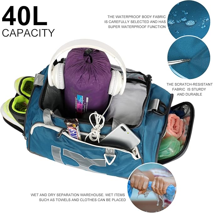 Sports Gym Bag，INOXTO Travel Duffel Bag with Dry Wet Pocket And Shoe CompartmentFor Women and Men，40L/55L Fitness Waterproof Weekender Bag For Swim Sports Travel Working Out (Blue gray, 40L)