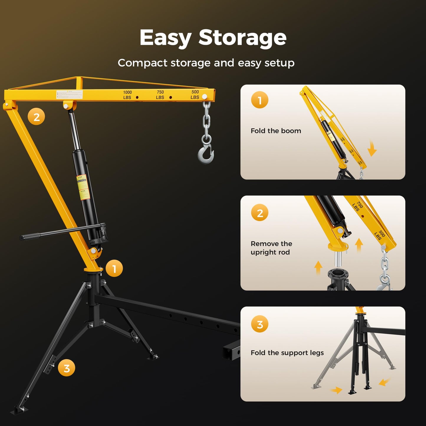 CAMMOO 1000lbs Receiver Hitch Mounted Hydraulic 360° Swivel Truck Crane with 3 Boom Capacity Options: 500lbs, 750lbs, 1000lbs. Ideal for Workshops, Construction, Agriculture, and Logging,Yellow