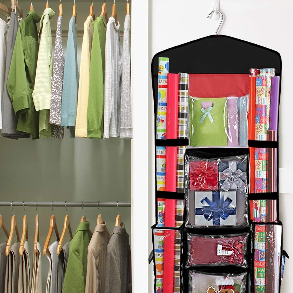 ProPik Wrapping Paper Storage Organizer - Double-Sided Design with Multiple Pockets | 40" x 17" Clear PVC Bag (Black)