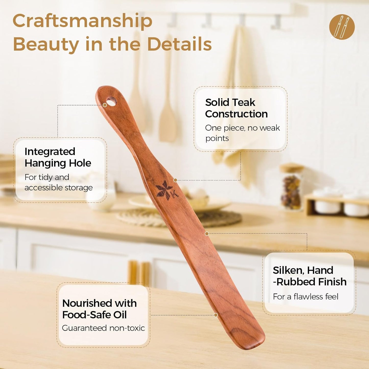 Skiennix 2 Pack Spurtle Set - Danish Dough Whisk & Jar Spatula in Solid Teak Wood for Bread Making