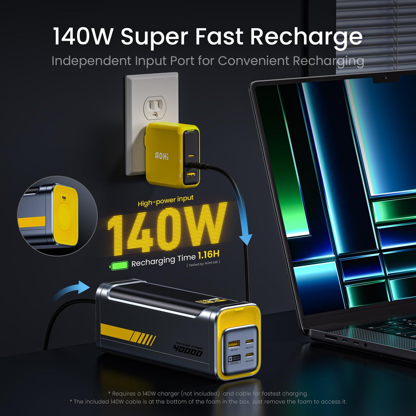 AOHI 140W PD3.1 Laptop Power Bank 40000mAh Fast Charging Station, The Future Starship 2 in 1 Camping Large Portable Charger for MacBook Pro/Air, iPad Pro, iPhone 16 Pro Max,Galaxy,Steam Deck, Grey