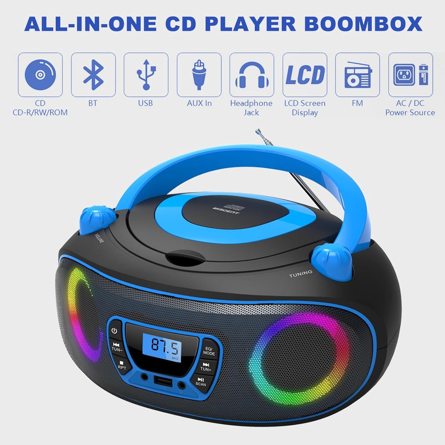 WIITHINK MP3 Jack,MP3 Portable Radio CD Player Boombox with Bluetooth,FM Radio,USB Playback,AUX-in,Headphone CDs