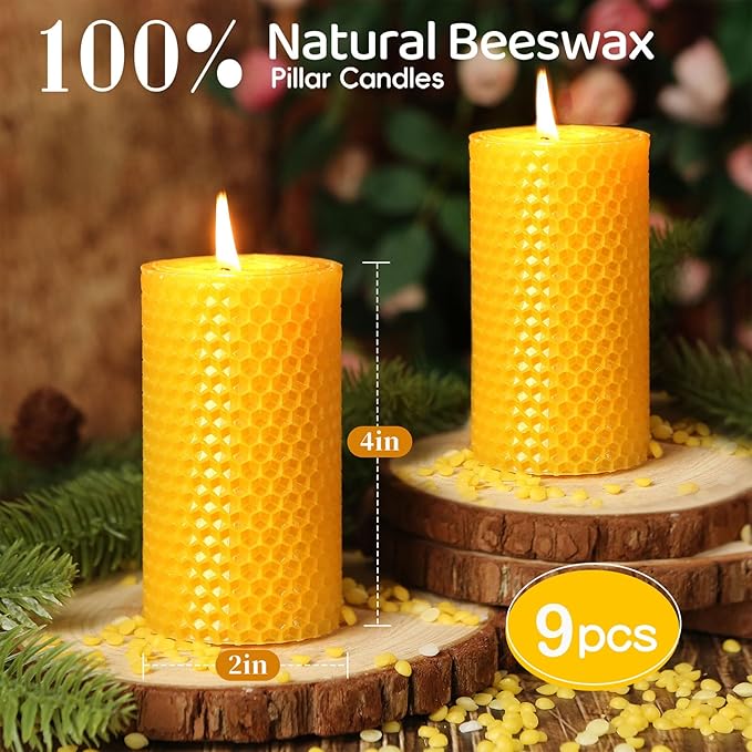 Handmade-Rolled Beeswax Candles,2x4in-9 pcs All Natural Honeycomb Beeswax Pillar Candles,180 Hours Long Burning Bees Wax Candles for Home