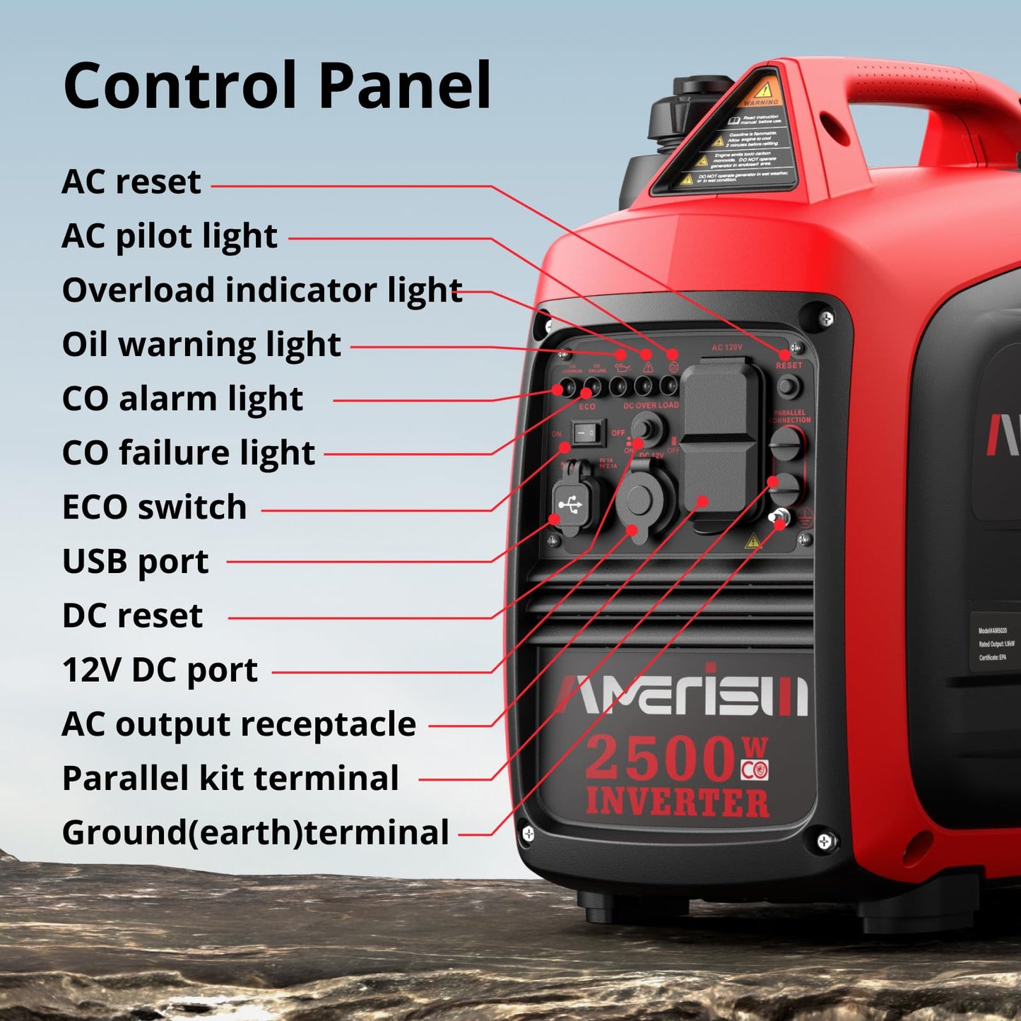 AMERISUN 2500-Watt Gas Powered Portable Inverter Generator for Home Use - Super Quiet Lightweight for RV and Camping, CO Sensor, Outdoor and Home Backup, Long Run Time