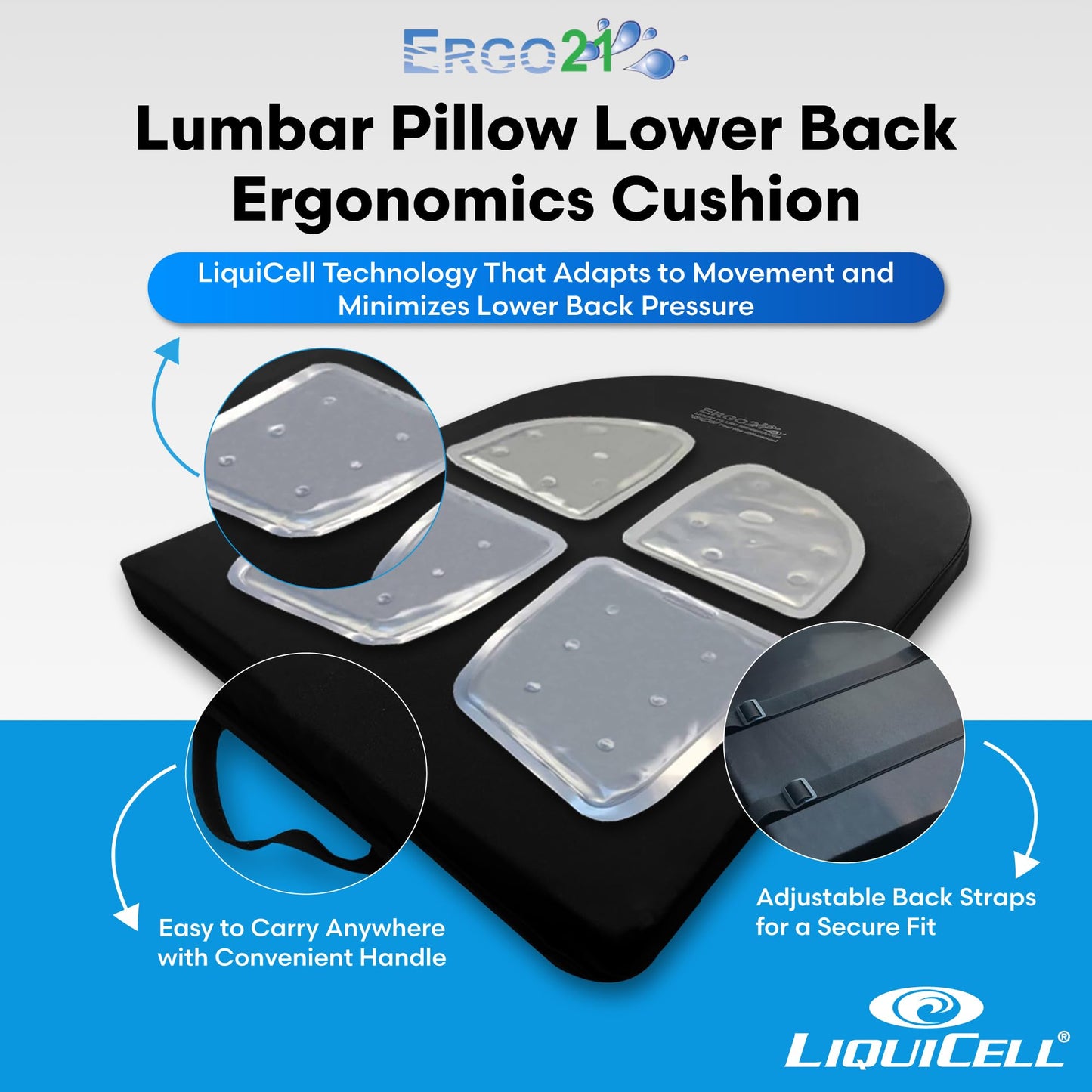 ERGO21 Lumbar Support Pillow for Office Chair, Car, Driving Seat, Auto, Lower Back Pain | Great Back Support with Liquid Filled Membranes | Small Size, (18" W x 18”x 1.5”)