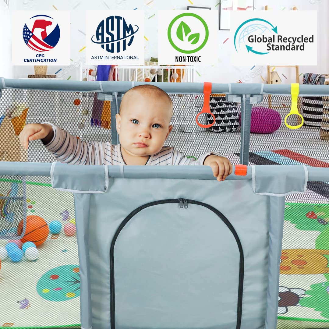 Upgraded Playpen - Enhanced Thick Foldable Mat, Balls, 4 Rings, Storage Bag & Sports Nets - BPA-Free & Safe