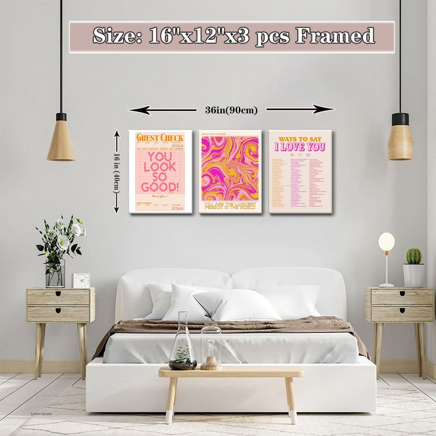 Pink Wall Decor - Canvas Art Set of 3 | Abstract Love Posters | Unique Framed Room Decor for Teens - 12x16''