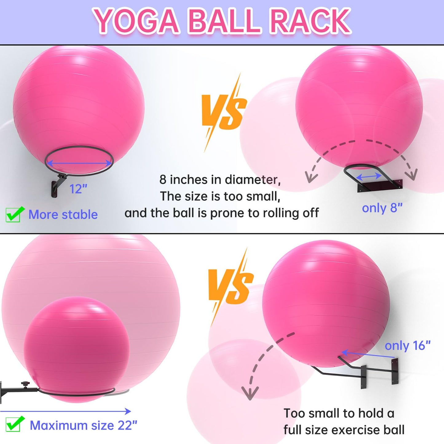 KOMOHOM Wall-Mounted Yoga Ball Holder, Black Metal, 12-Inch Diameter Ring, Universal Exercise Ball Storage Rack for 14-30 Inch Stability Balls(2PCS)