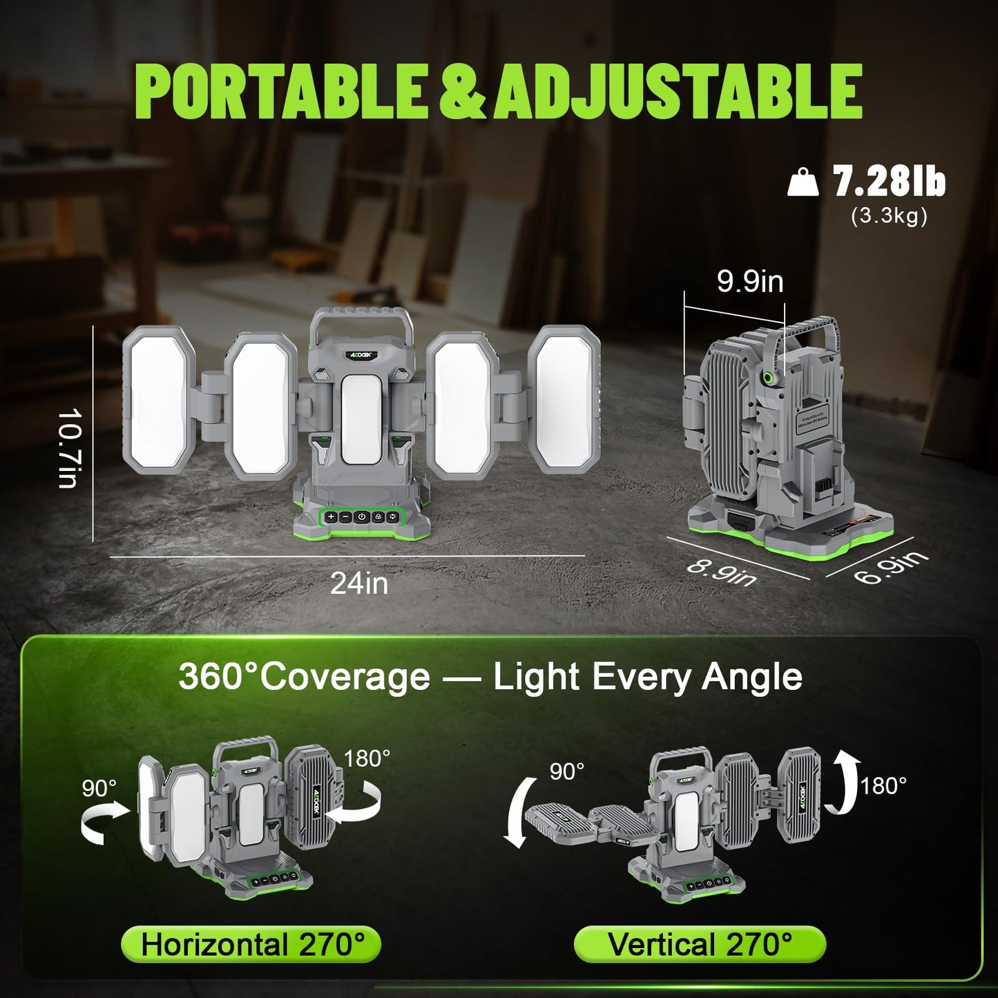 Azocek 10,000LM Portable LED Work Light Compatible with Milwaukee 18V Battery, 6 Brightness + Boost Mode, 5 Color Temps, Foldable 4-Panel with Detachable Mini Light, Tripod Mount & Hook (Tool Only)