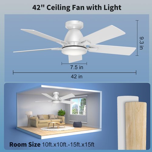 AIKVSXER Ceiling Fans with Lights,42" Low Profile Ceiling Fan with Lights and Remote,Reversible,3CCT, Dimmable,Noiseless,White Ceiling Fan for Bedroom,Living Room,Hallway