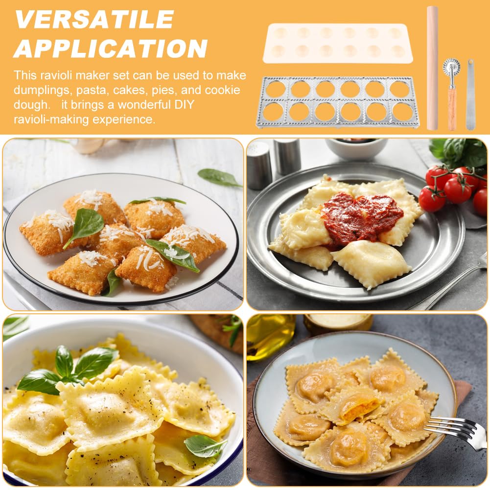 Ravioli Press Mold Set, 12 Holes Ravioli Maker Press,1 x Pasta Cutter Stamp Maker, 1xWood Rolling Pin Pasta Making Tools,1x Filling Spoon,for Ravioli, Dumpling,Hand Pie