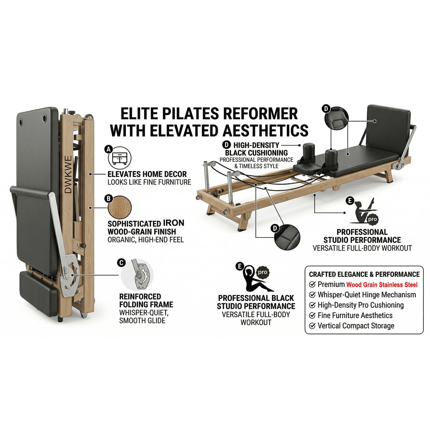 75" Foldable Pilates Reformer Machine for Home Use, Professional Stainless Steel with Wood-Grain Finish, Hybrid Resistance (Springs & Latex), Wellness Gift for Petite Women up to 5'9"