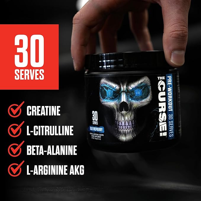 JNX SPORTS The Curse! Pre Workout Powder for Men & Women, Caffeine, Beta-Alanine, Creatine, L-Citrulline, 30 Servings, Blue Raspberry Flavor ??Boost Energy, Strength & Focus