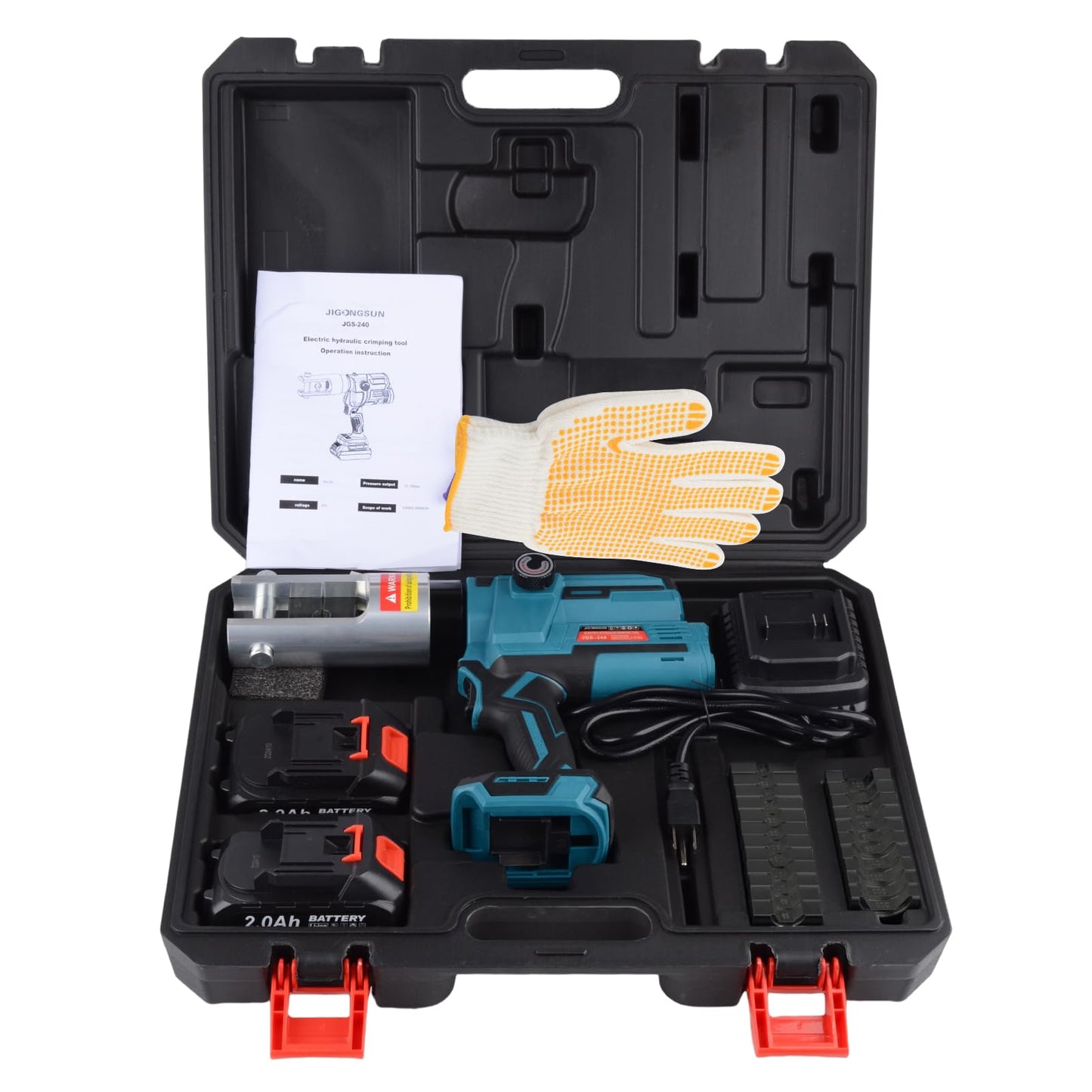 JIGONGSUN Electric Hydraulic Crimping Tool, Battery Cable Crimper Tool, 10 Ton Wire Crimpers Electrical, Rang 6AWG-600MCM and Electrical Wire Lugs Tool 12 Pairs of Dies (JGS-240)