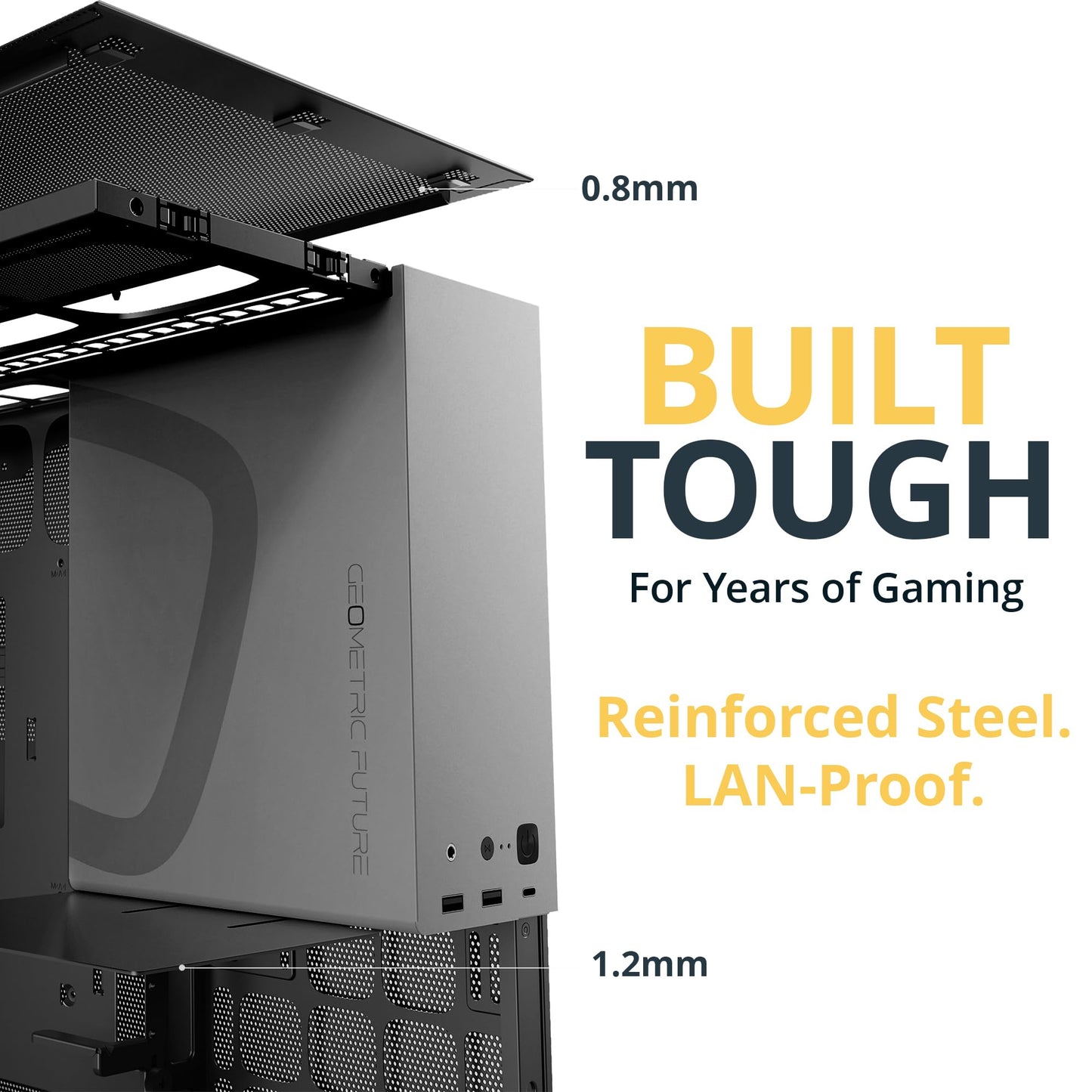Geometric Future M5 Tempered Glass Mid Tower, E-ATX/ATX Gaming Case, 1.2mm Steel, Type C, Toolless Panels, Support 420/360 Radiator, ARGB PWM 140m Fan x 5 Pre-Installed, Black/Grey, GEO-M5F-BG