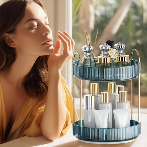 INVSSENE 360° Rotating Makeup Organizer - Large Capacity Vanity Shelf for Cosmetics & Skincare | Blue, 2 Tiers