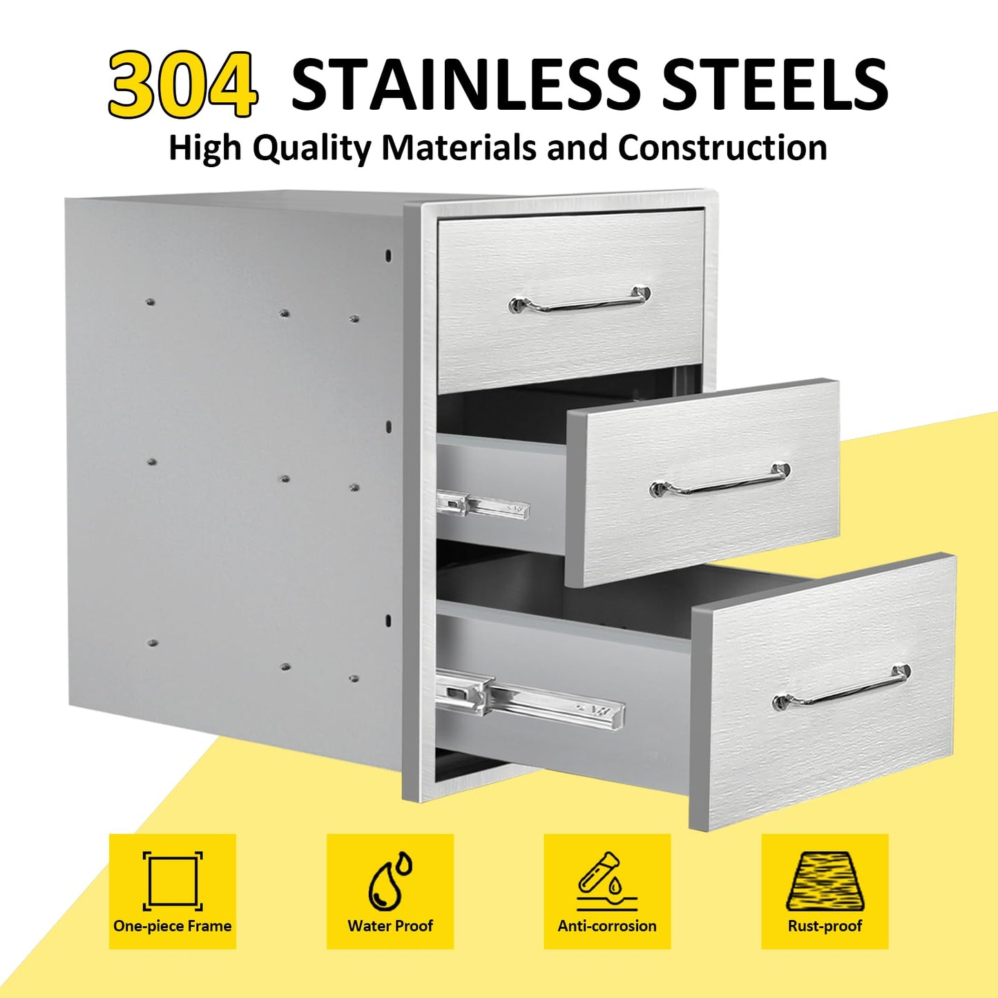 SGOLAN Outdoor Kitchen Drawers 16" W x 21" H x 23" D Flush Mount Triple BBQ Drawers with Chrome Handle Stainless Steel Drawer for Outdoor Kitchen Island, Patio Grill Station