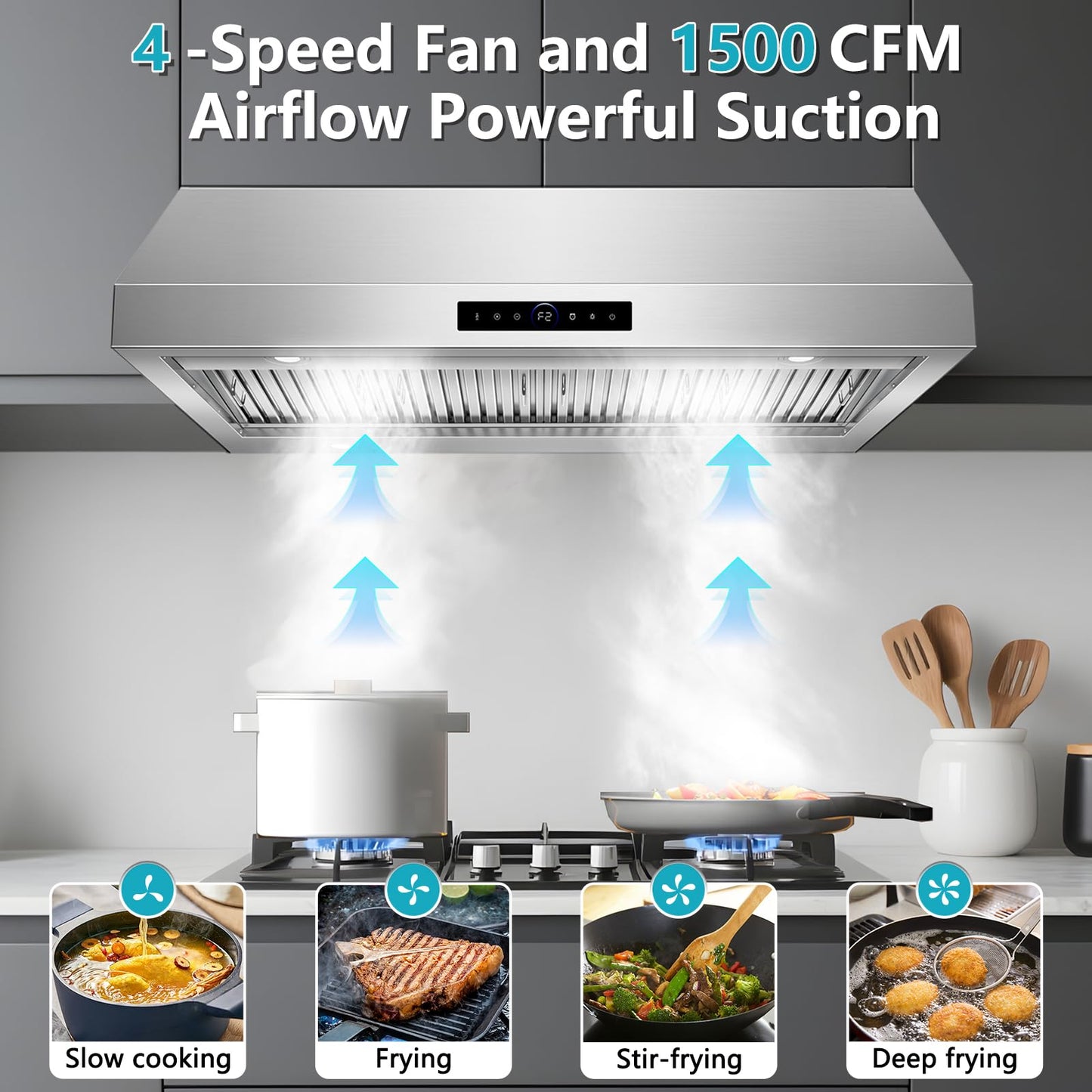 48 inch Under Cabinet Range Hood 1500 CFM with 4-Speed Gesture Sensing & Touch Control, Stainless Steel Kitchen Stove Vent Hoods with 4 LED lights, Time Setting, Dishwasher-Safe Baffle Filters