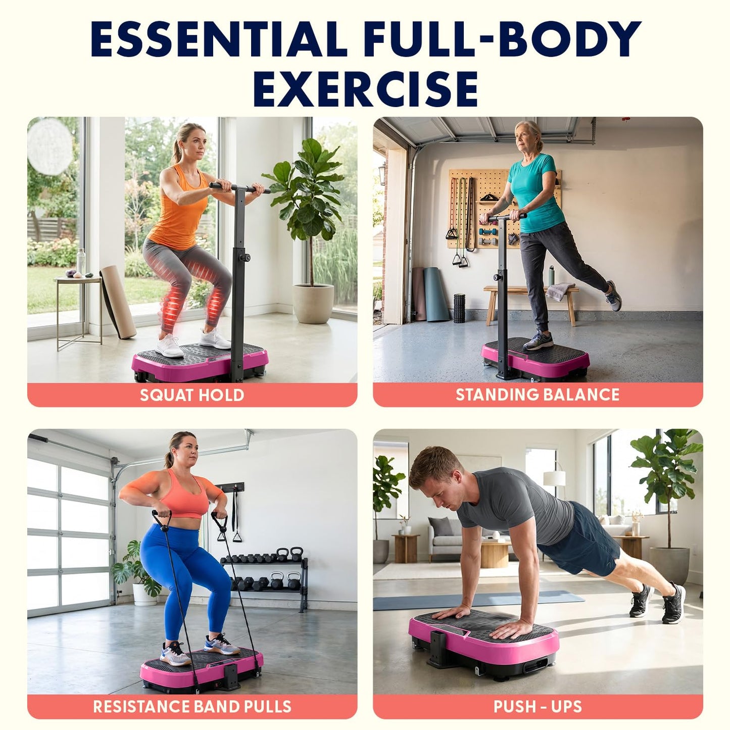 SQUATZ Vibration Plate Exercise Machine with Handlebar, Vibration Plate with Handles, 1-99 Speed Levels, 10 Preset Programs, Low-Impact Home Fitness Platform with Remote, Portable Design, Pink