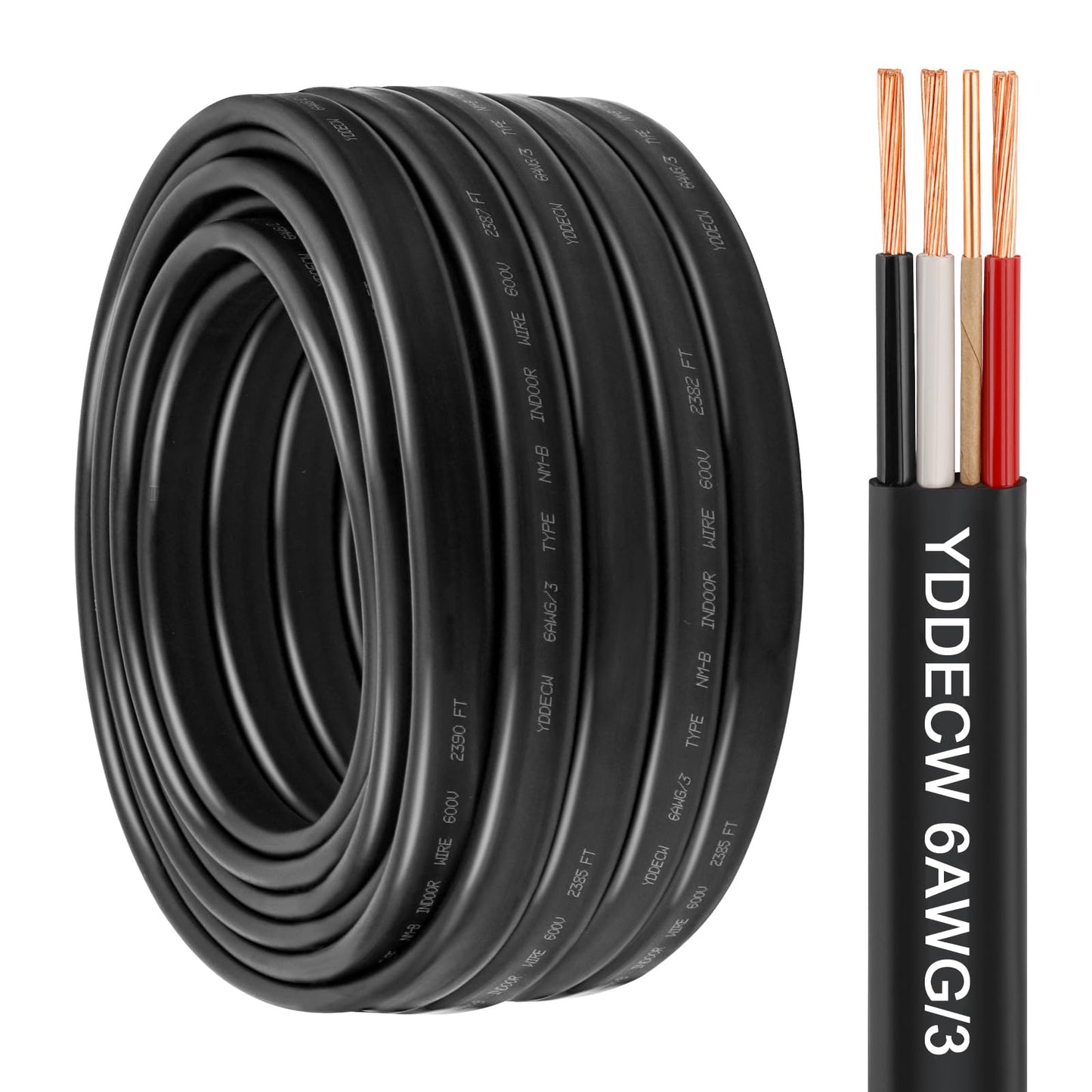 YDDECW 6/3 NM-B Wire with Ground - 50FT 6 Gauge Non-Metallic Sheathed Cable Pure Copper 6 AWG 3 Conductor Residential Indoor Wire for Outlets, Switches and Other Loads etc.