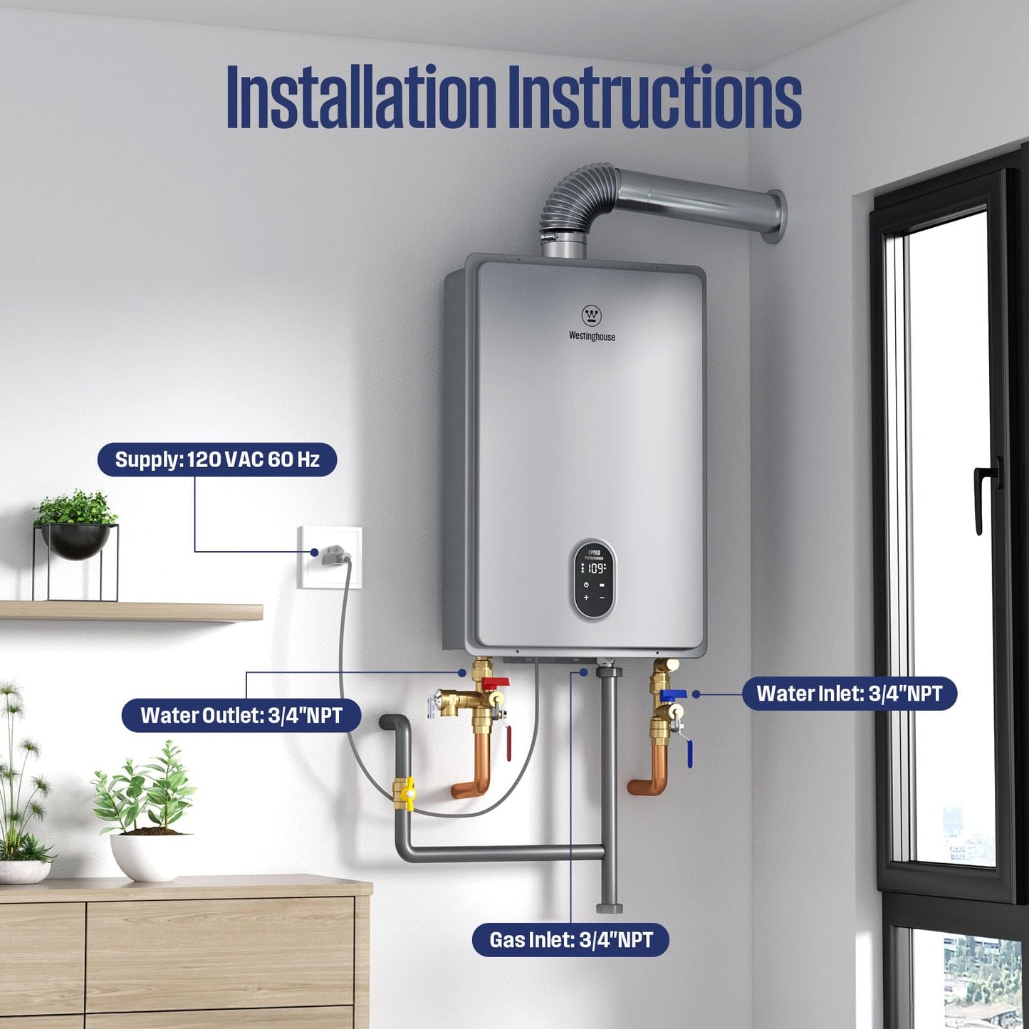 Westinghouse Smart Tankless Water Heater Propane Indoor, 7.9 GPM 180,000 BTU, WiFi App Control, ±1°F Temp Stability, Non-Condensing Whole Home Instant Hot Water Heater for 3-5 Fixtures