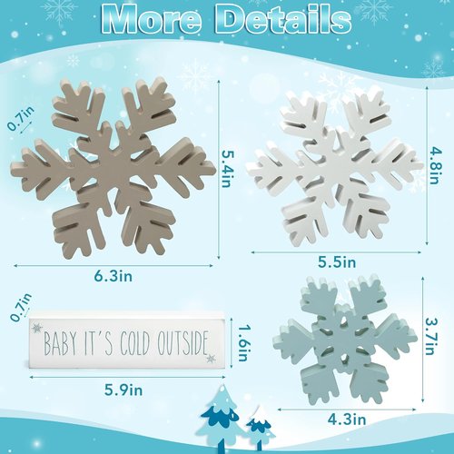 KORMMCO Christmas Snowflake Decor - White Wooden Table Signs | Winter Tiered Tray Decorations - 4 Pieces