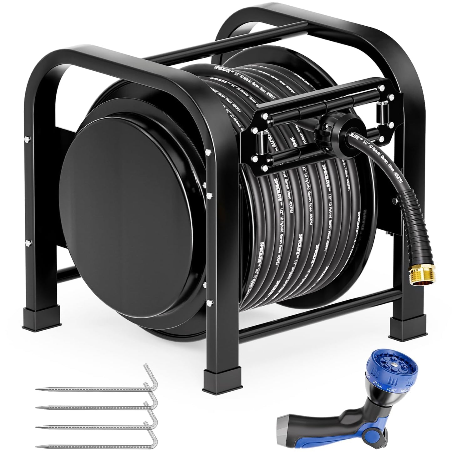 SPECILITE Retractable Hose Reel with 1/2'' x 100FT Garden Water Pipe, 1200 PSI, UV Resistant Heavy Duty Industrial Metal Freestanding Spool, 6' Lead-in, Sprayer Nozzle for Garage, Yard, and Workshop