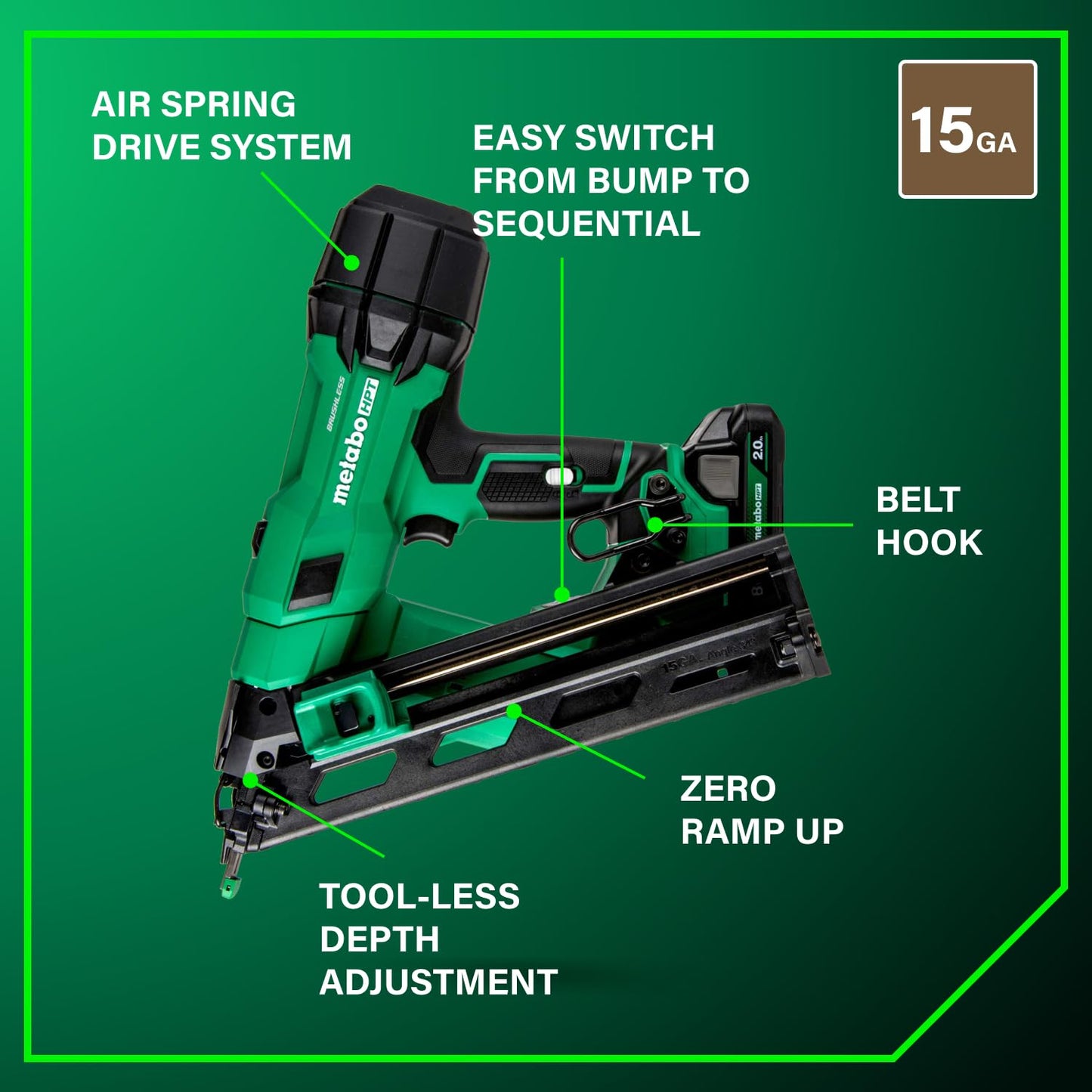 Metabo HPT 18V MultiVolt Brushless Pro 15-GA Angled Finish Nailer Kit, 15 Gauge Finish Nailer, Power Tool with 2.0Ah Lithium Ion Battery, 1-1/4" to 2-1/2" Nails, Powerful Brushless Motor, NT1865DAA