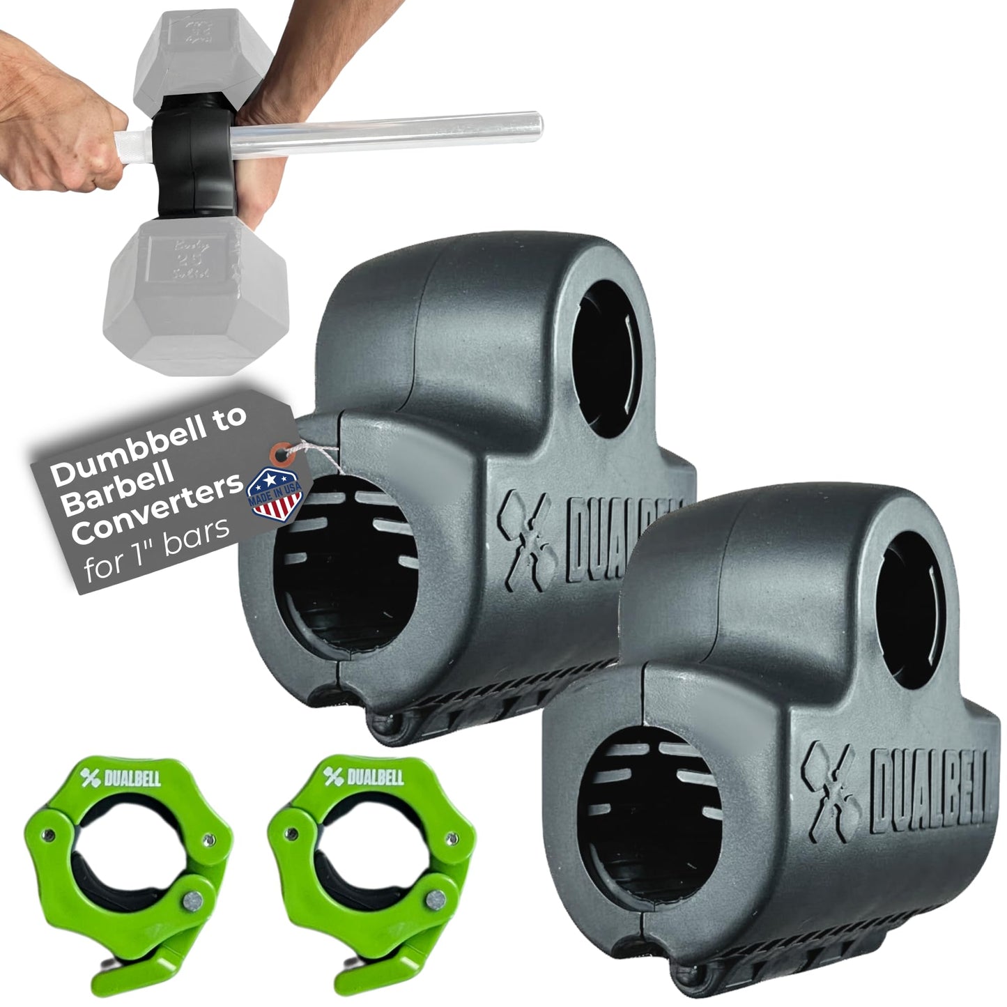 Dualbell Dumbbell Converter- Black w/Green Weight Collars- for 1" Standard Bars, Up to 100lb Capacity - Dumbbell Barbell Converter Home Gym Equipment, Versatile Weight Lifting Set, Suitable for Men and Women