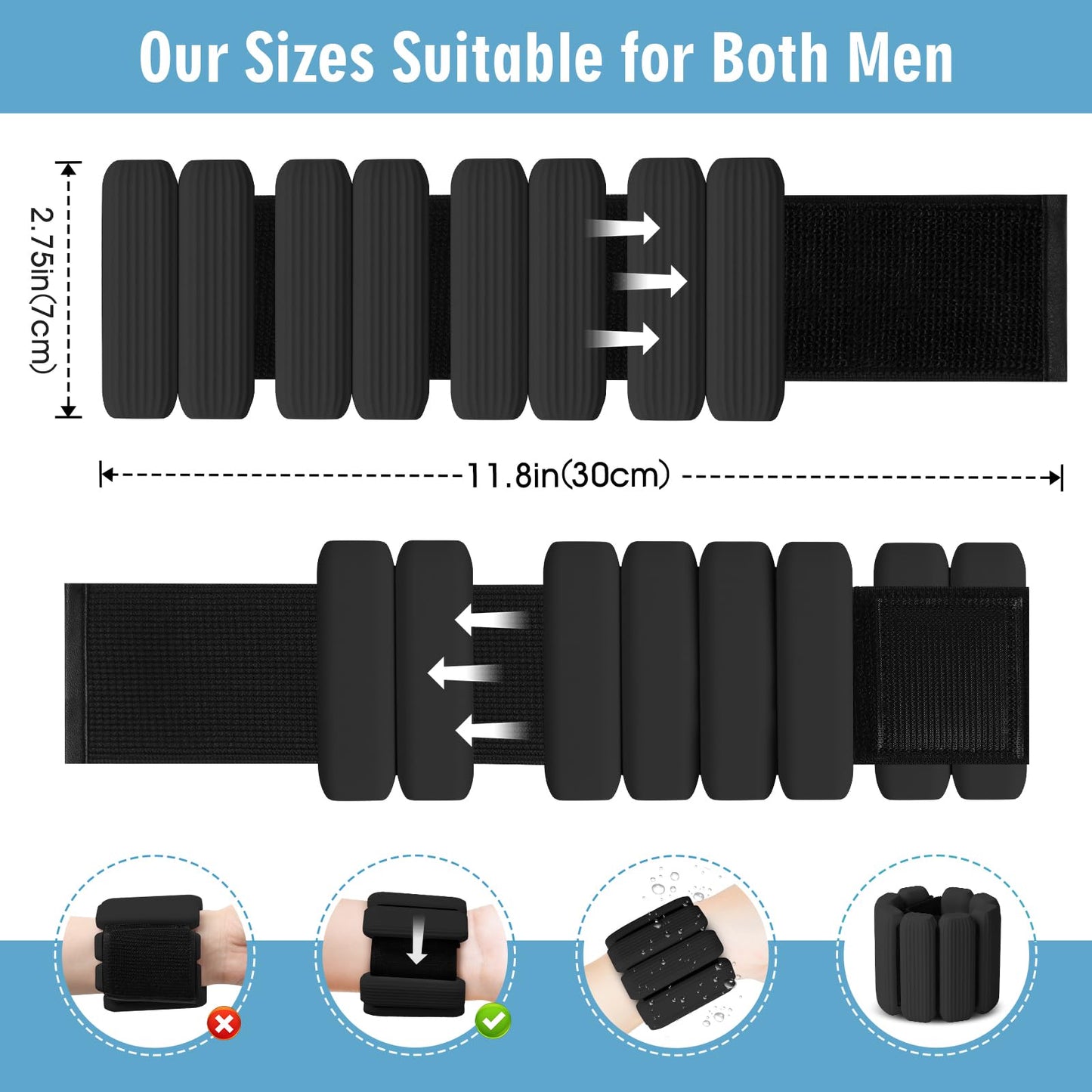 MESUADESI Wrist Weights Set of 2, Wearable Wrist Ankle Weights for Women & Men, Silicone Weighted Bangles Adjustable Arm and Leg Weights for Walking Yoga Pilates Running Dance Gym 2lb（Black）