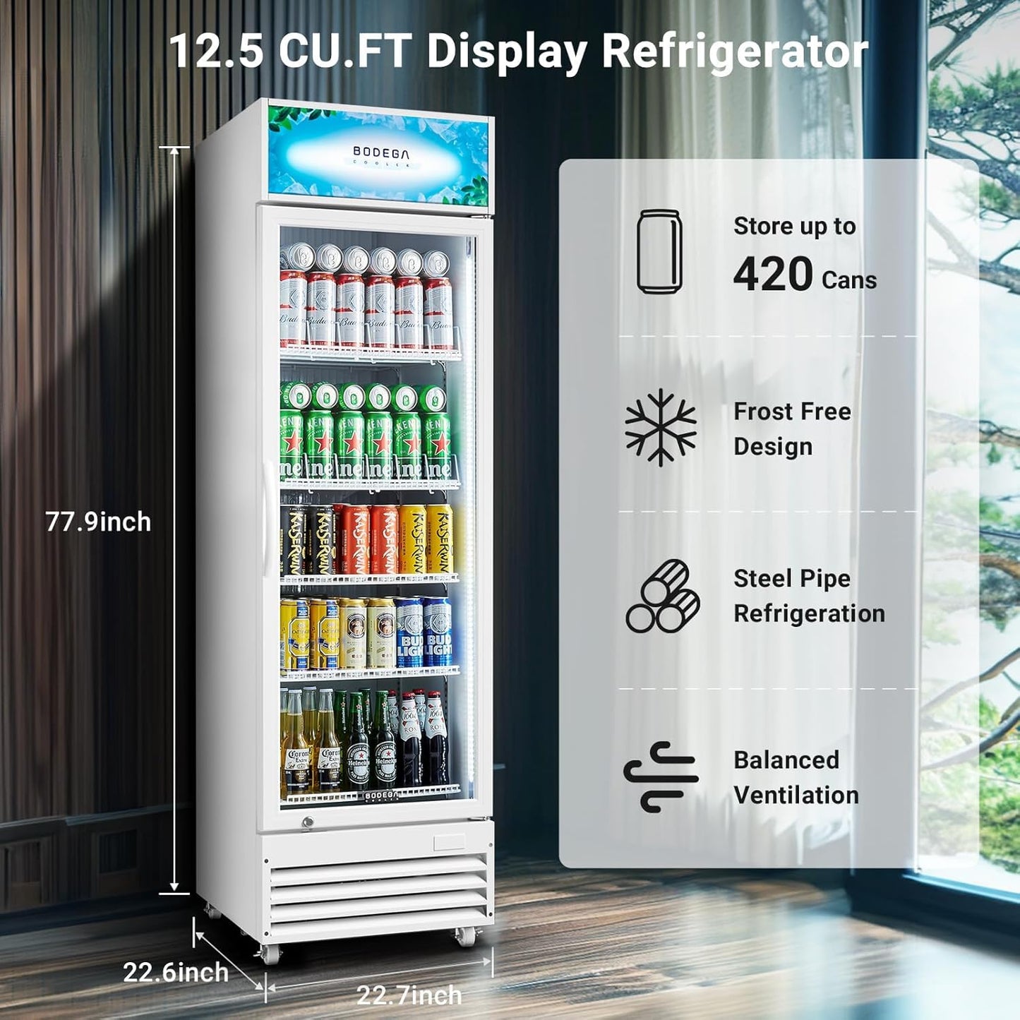 BODEGA BODEGACOOLER Commercial Beverage Refrigerator with Glass Door,12.5 Cu.Ft Drink Refrigerator,Upright Large Display Merchandiser Beverage Bar Cooler Hold Beer,Soda Drinks,Wine with LED Light Box