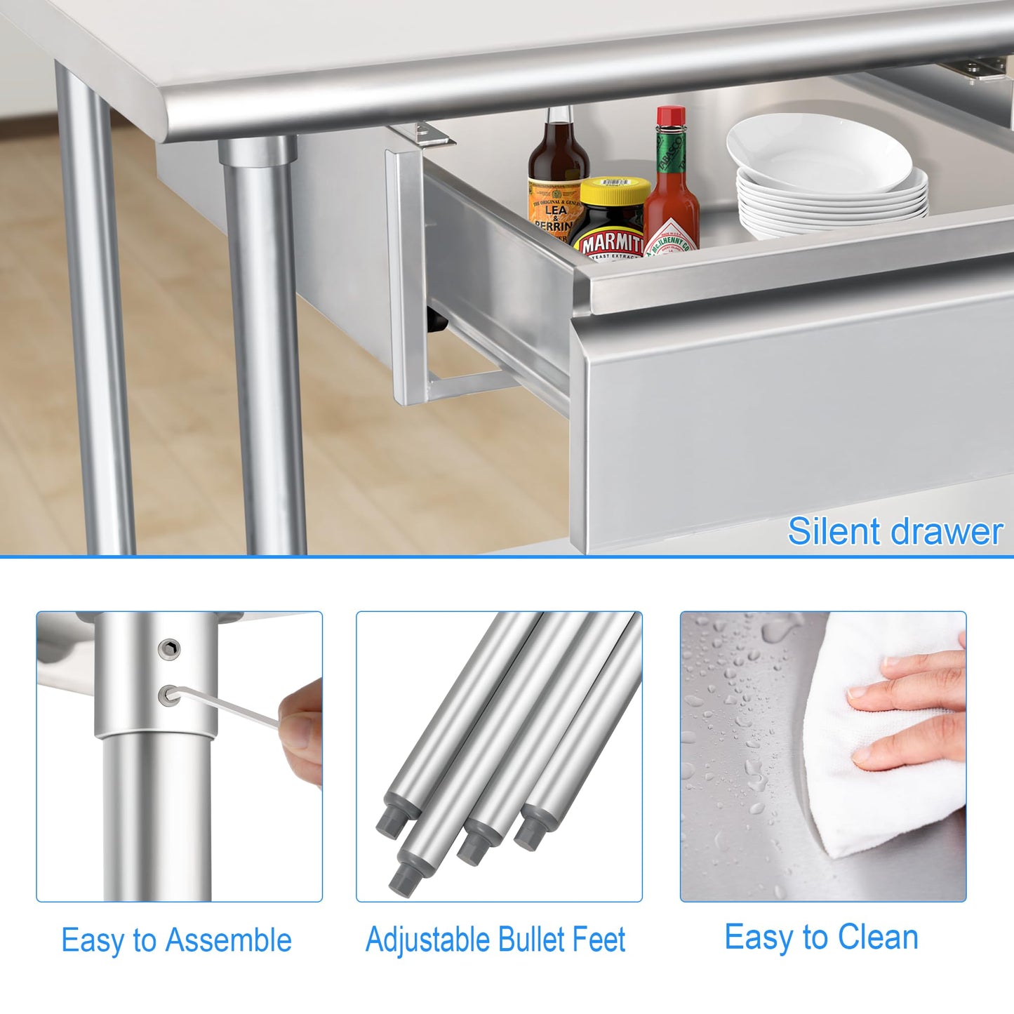 HARDURA Stainless Steel Prep Table with Drawer 24" x 60" NSF Heavy Duty Bench with Undershelf, Hook and Galvanized Legs for Commercial Food Prep