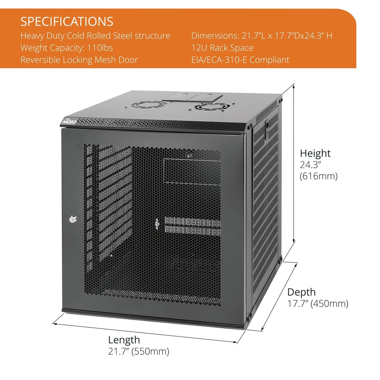 Tecmojo 12U Wall Mount Rack Network Cabinet for 19” IT Equipment,with Lockable Mesh Door and Removable Side Panels,Cooling Fan,Black,17.7inch Deep