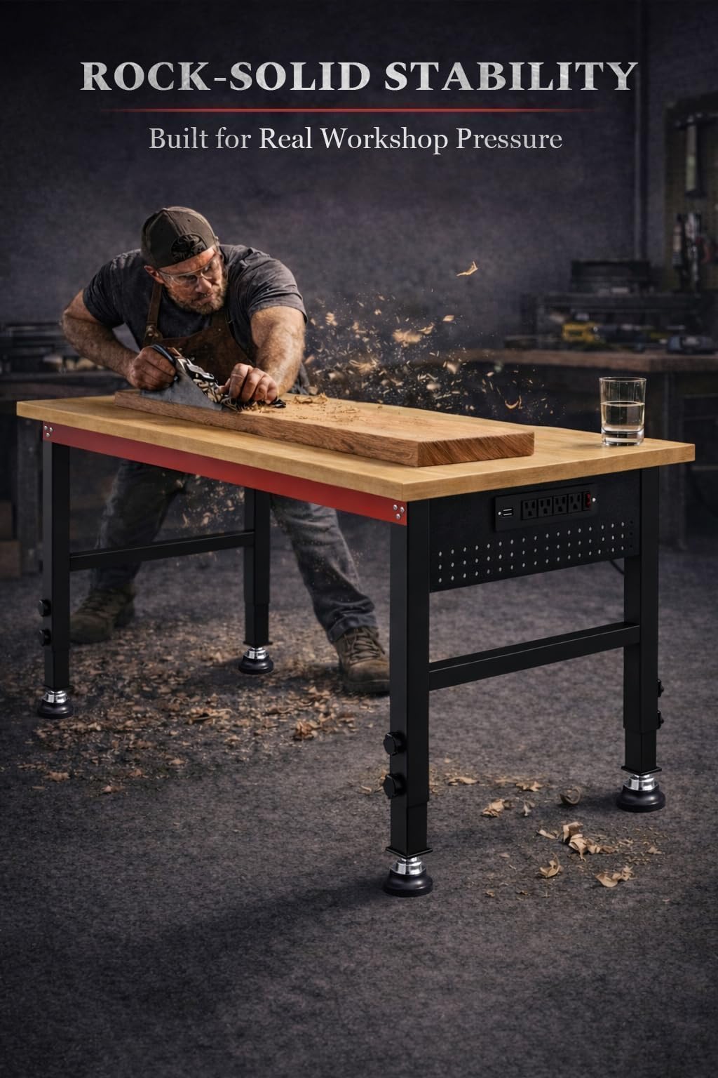 VekMax 48" Workbench with Feet, Adjustable Height Workbench with Power Strip & Pegboard, 2000LBS Load Capacity Solid Wood Top Work Table with Reinforced Steel Frame for Garage, Workshop, Office, Home