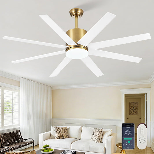 TXCSLY 60 inch Ceiling Fan with Light, Large Ceiling Fans with Remote Outdoor Ceiling Fan Quiet DC Motor, 8 Blades, 6 Wind Speed, Dimmable and Quiet DC Motor for Bedroom Living Room- White &Gold
