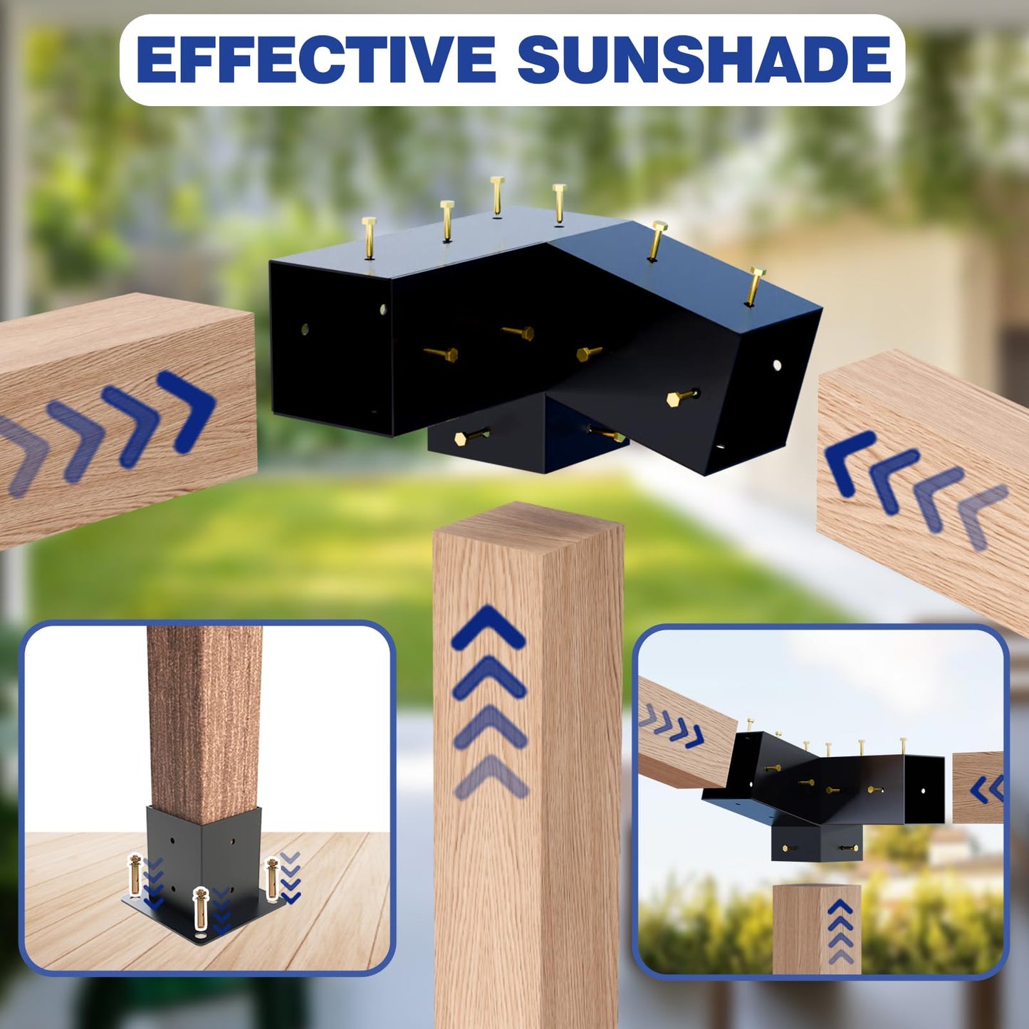 Pergola Kit - 3-Way Slanted Brackets, Powder-Coated, 4" x 4" (Actual: 3.5x3.5 Inch), Hardware for Outdoor Wood Pergolas, Gazebos, Sheds (8 pcs)