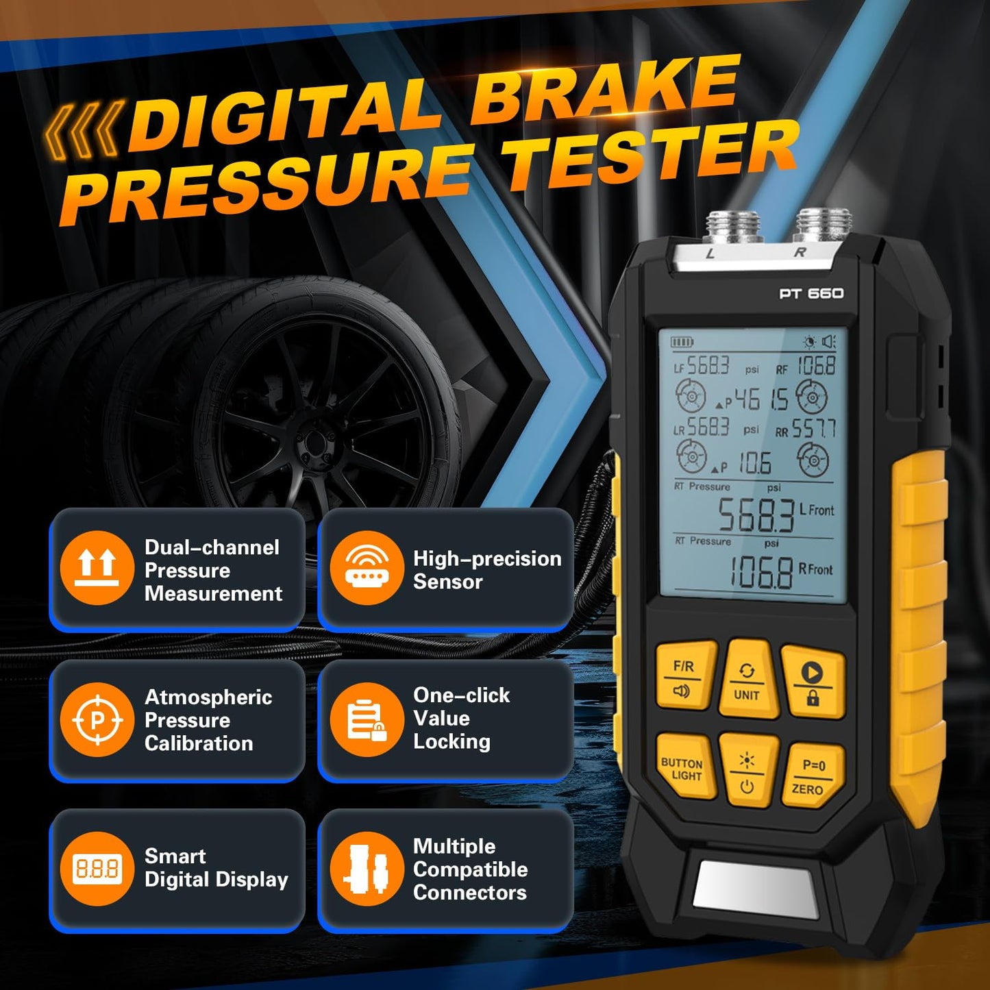LINXINO Brake System Pressure Tester,Brake Pressure Tester,Brake Pressure Tester Kit,Handheld Manometer,Dual-Channel Pressure Measurement,Data Locking&Zeroing,Multiple Connectors,PT660