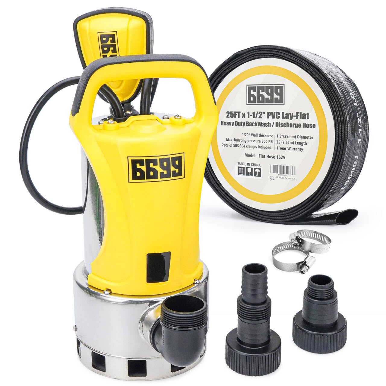 6699 1.5HP Sump Pump Submersible Water Pump with 25FT x 1-1/2” Backwash Hose Up to 6500GPH Stainless Steel Utility Pump Drain Water from Pool Basement Sump Pit Garden Pond Hot Tub SUB 6500SS KIT
