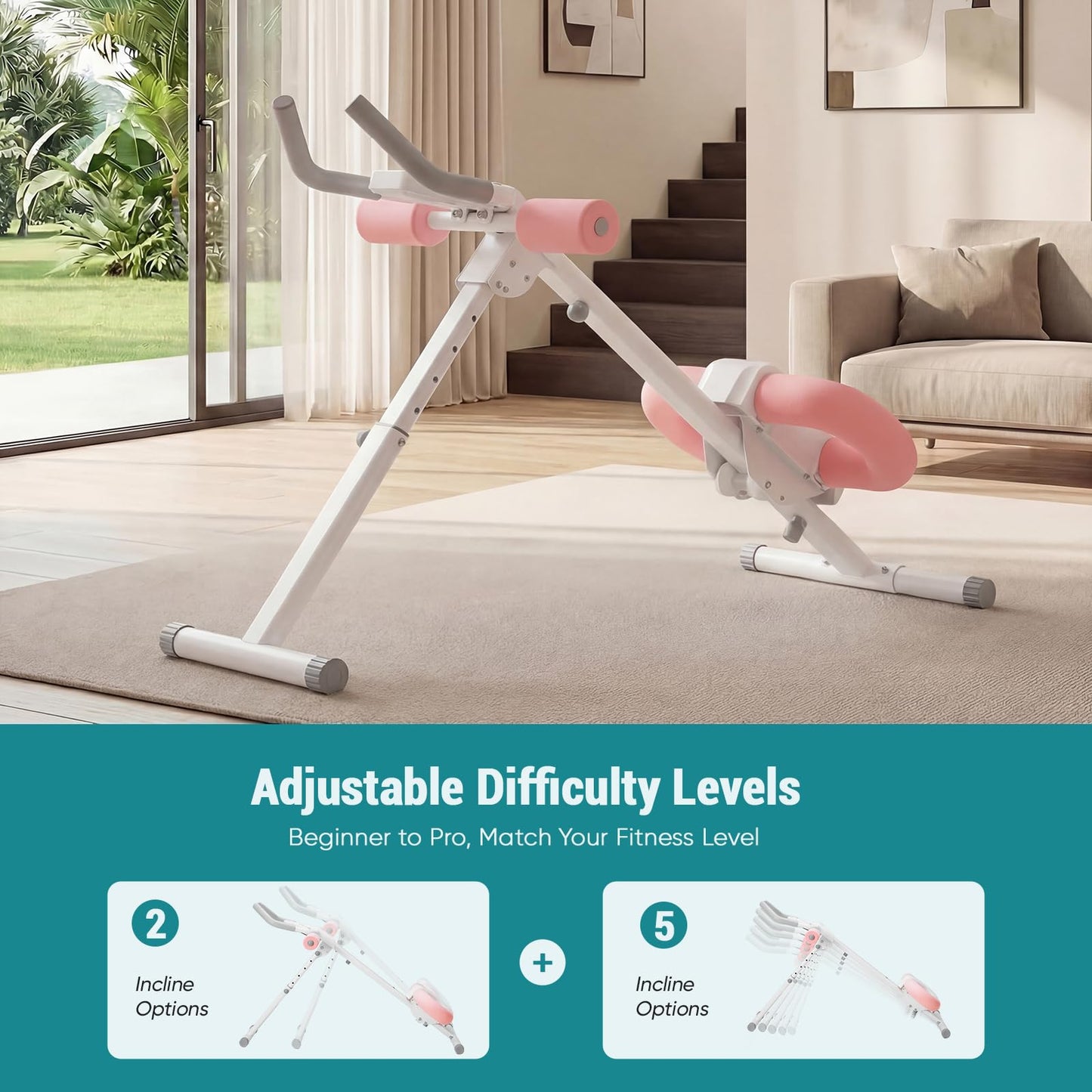 OLIXIS Ab Machine, Ab Workout Equipment for Home Gym, Adjustable Abdominal Trainer for Stomach Workout, Foldable Core Strength Exercise Machine with 440LBS, LCD Display, Knee Protection, White Pink